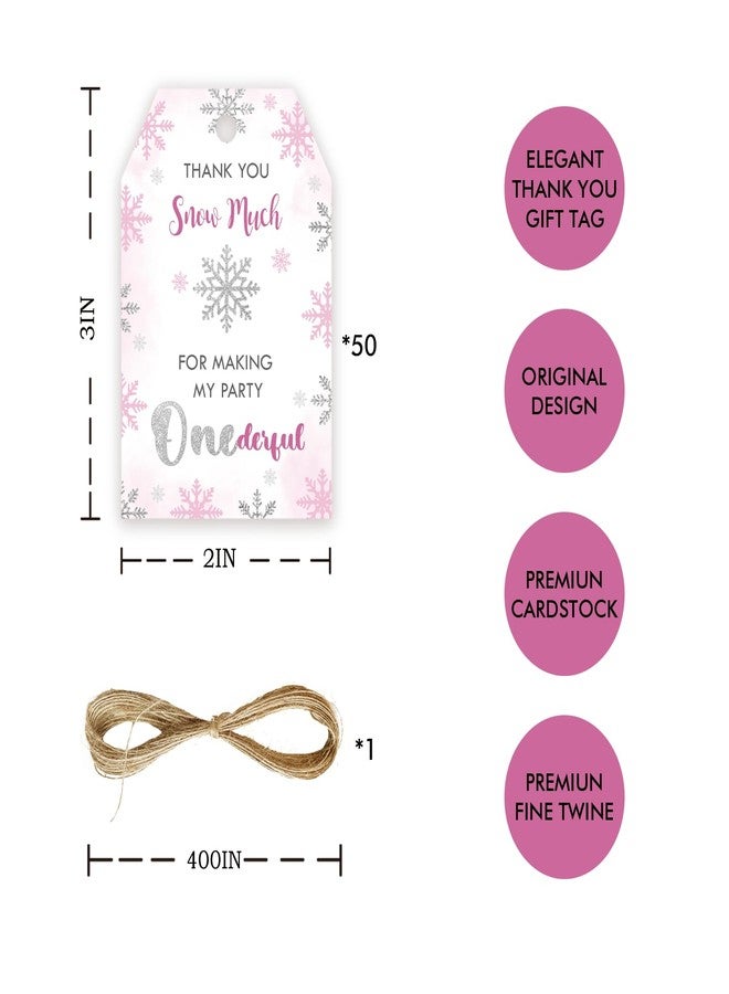 FORSHEEP 50pcs Snowflake Thank You Tags, Thank You Snow Much Gift Tag with String for Winter Party, Pink Snowflake Thank You Paper Tags for Christmas Holiday/Winter Wonderland Party Favors - Image 2